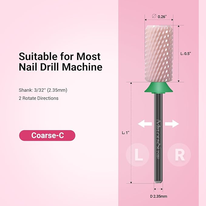 MelodySusie Ceramic Nail Drill Bits, 3/32'' Chamfer Flat Top Large Barrel Bits, Fast Remove Acrylic or Hard Gel, Nail Tool for Manicure Pedicure, Salon Home, Professional or Beginner, Pink, Coarse