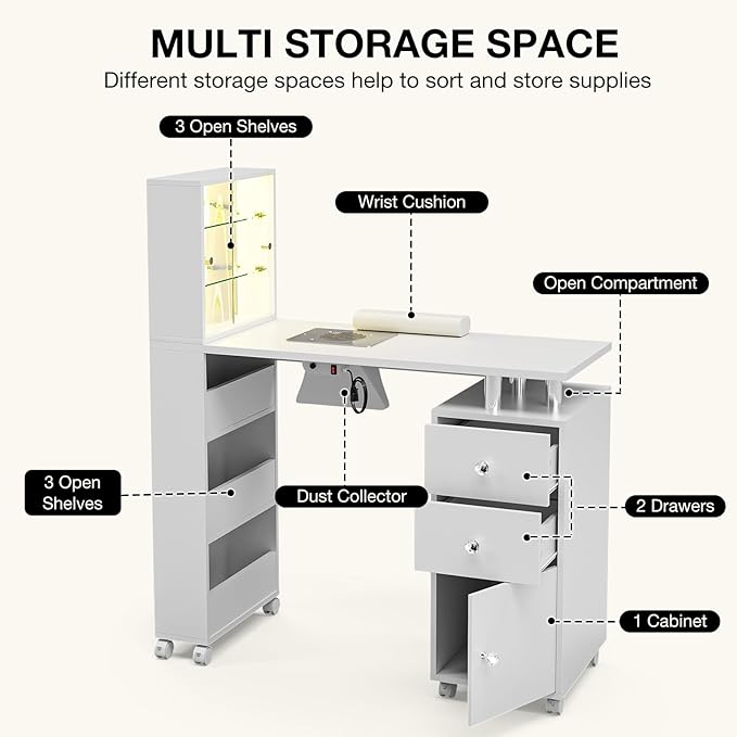 Paddie Manicure Table Nail Table with LED Light, Glass Shelf Door Nail Desk with Dust Collector & Wrist Cushion, Nail Salon Station with 2 Drawers & Cabinet for Technician Workstation(White-New)