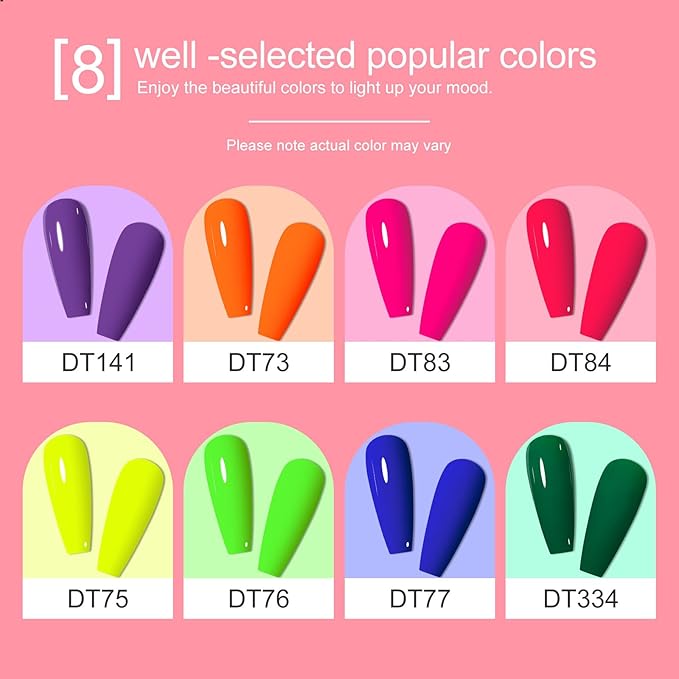 MEET ACROSS Neon Gel Nail Polish Set, 8 Colors Orange Yellow Green Blue Hot Pink Red Purple Spring Summer Nail Polish Kit Fluorescent Gel Polish Set for Home DIY Manicure Nail Salon