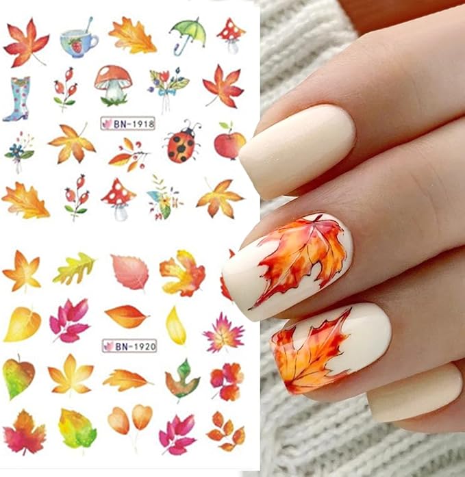 12 Pcs Fall Nail Art Stickers Maple Leaves Nail Art Water Transfer Decals Autumn Thanksgiving Turkey Pumpkin Design Nail Foil Stickers Fall Nail Supplies for Women Acrylic DIY Manicure Decorations