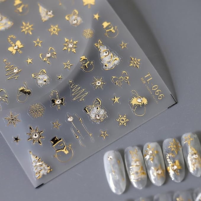 Christmas Nail Art Stickers - 5D Embossed Gold, Xmas Tree, Reindeer, Bow Star Design, Self-Adhesive Rhinestone Nail Supplies for Winter Holiday
