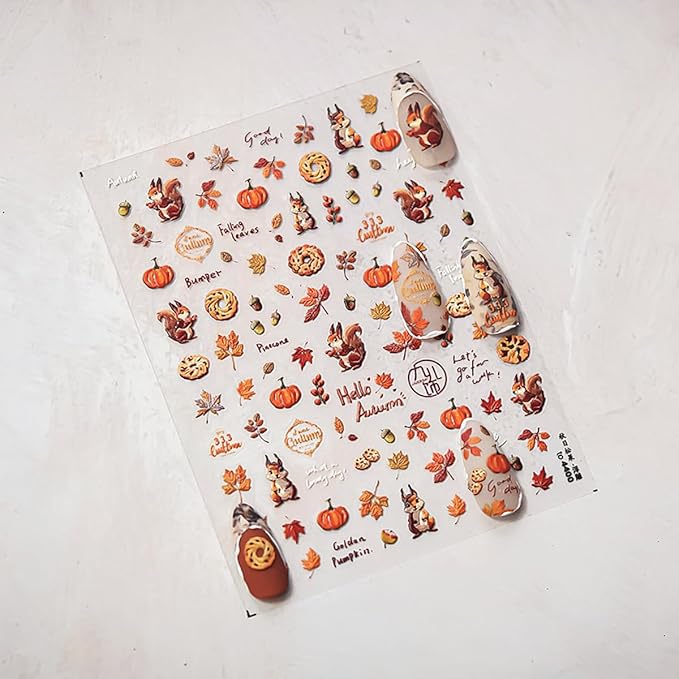 Fall Nail Art Stickers 5D Embossed Maple Leaf Squirrel Nail Decals 1PCS Falling Leaves Pumpkin Pinecone Autumn Nails Design Engraved Fall Stickers for Thanksgiving Day DIY Manicure Nail Art Decoration