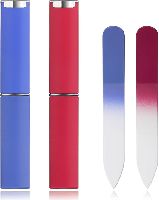 2-Pack Mini Glass Nail File with Case 2mm Thickness Small Crystal Files for Nature Nail Gentle Double-Sided Etched Fingernail Files for Travel Fine Grit Czech Glass Gifts Package Stocking Stuffers