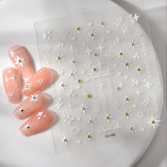 Star Nail Stickers for Nail Art 5D Self-Adhesive Nail Decals White Star Nail Stickers with Rhinestones Design White Nails Supplies Decoration Accessories for Women and Girls