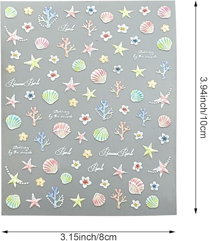 Holographic Ocean Theme Nail Art Decals, 2 Sheets, Self-Adhesive Stickers with Seashells, Dolphins, Starfish, Coral Design for Women's Nail Decoration