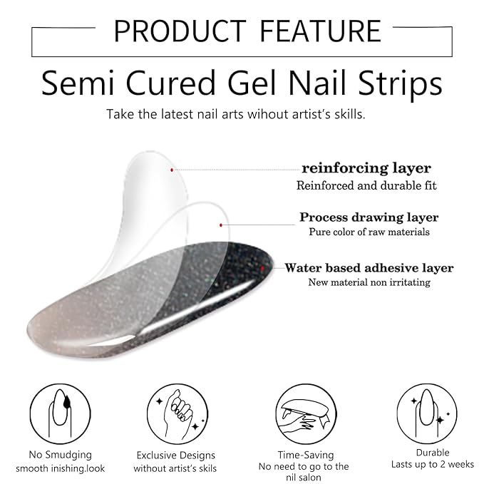 WOKOTO 1 Sheet Semi Cured Gel Nail Strips With Wood Stick, Nail File & Prepared Pads, 20 Tips Black Gradient Glitter Semi Cured Nail Polish Strips, Harden With UV Light Gel Nail Stickers Wraps