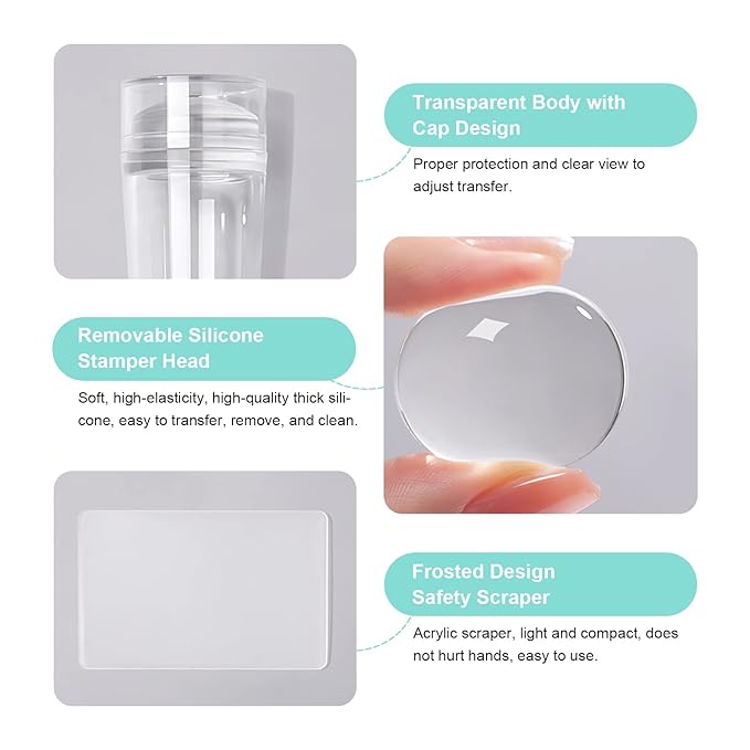 X&D Nail Art Stamper Clear Jelly Nail Art Stamping Transparent Silicone Rubber Nail Polish Stamper with Acrylic Scraper, Spare head Kit for French Tips and Transfer Images