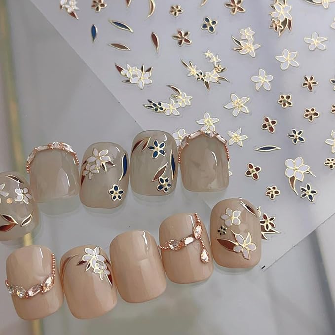 1 Sheet Spring Flowers Nail Stickers, Leaves Floral Nail Decals, 5D Embossed Self-Adhesive Nail Design Stickers for Women DIY Brown Blue Flowers Leaves Manicure Art Supplies