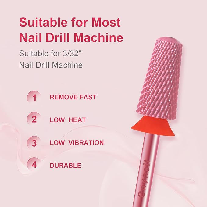3/32" Large Tapered Smooth Top Bit Tungsten Carbide Nail Drill Bit Safety Bit for Gel & Acrylic Removal, 2- Way Rotating Efile Tip, Salon Electric File Accessory (F Girt, Rose Red)