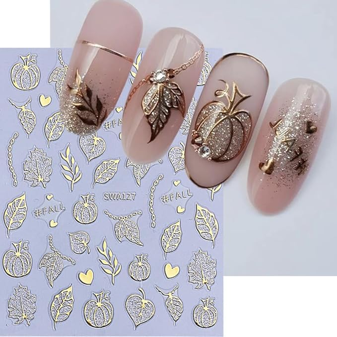 Halloween Pumpkin Nail Art Stickers Decals Fall Maple Leaf Nail Decals 4PCS Ghost Spider Web Bat Fall Leaves Halloween Nails Design 3D Self-Adhesive Nail Stickers for Women DIY Nail Art Decorations