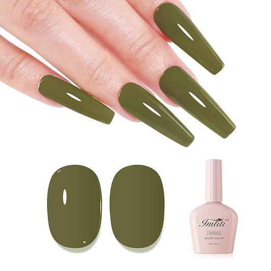 Imtiti Green Gel Nail Polish, Olive Green Gel Polish Autumn Winter Soak Off UV LED High Gloss Art Manicure Salon DIY Design 10ML