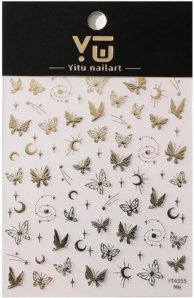 Gold Butterfly Nail Art Stickers Star Moon Nails Stickers Self-adhsive Nail Decals 5D Embossed Nail Design for Women Girls Nail Accessories