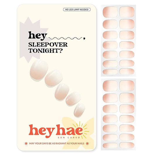 Heyhae Semi Cured Gel Nail Strips | No LED Lamp Needed | Ombre, Neutral, Spring | Easy Apply & Remove, Salon Quality |Includes 28 Strips, 1 Prep Pads, Nail File & Wooden stick- Hey, Sleepover Tonight?