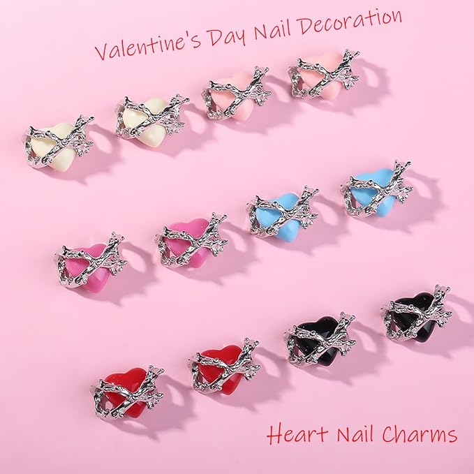 12Pcs 3D Heart Nail Charms Supplies Alloy Valentines Nail Charms Decoration Colorful Heart Charms for Nails Valentines Day Nail Charms with Design Valentines Nail Jewelry Gems Accessories