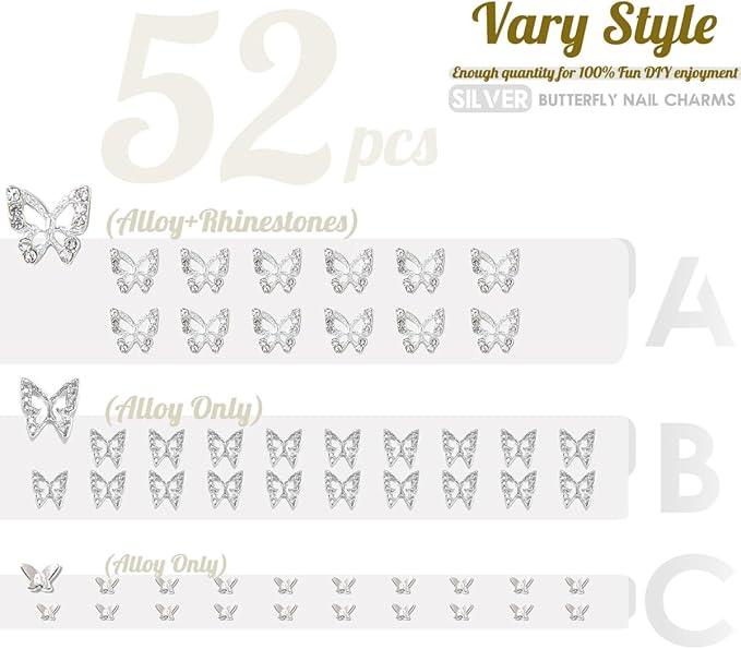 Butterfly Nail Charms, 52pcs 3D Silver Butterfly Charms for Acrylic Nails, 12 Butterflies Nail Rhinestones Gems Charms +40 Alloy Studs, Nail Art Crystals Diamonds Decor Supplies for Nails DIY