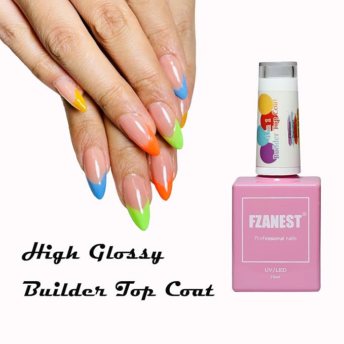 FZANEST Builder Gel Top Coat For Nails 15ml, 5 in 1 Non Wipe Builder Hard Gel in a Bottle, High Gloss Shine No Wipe Top Coat Rhineston Glue Nail Strengthen Extension