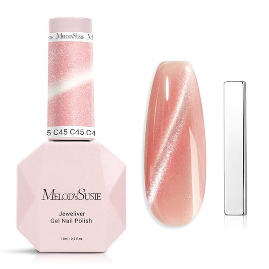 MelodySusie Jeweliver Cat Eye Gel Nail Polish, 0.5 Fl Oz Coral Pink Glitter Holographic Magnetic Nail Polish with Magnet, UV Nail Polish for Nail Art Manicure Salon DIY at Home C45