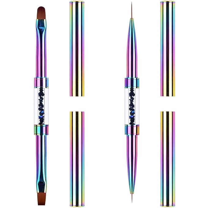 2Pcs Dual-ended Nail Design Brushes Rhinestone Handle UV Gel Nail Brush Set Professional Nail Art Tools Rainbow
