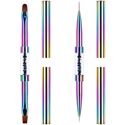 2Pcs Dual-ended Nail Design Brushes Rhinestone Handle UV Gel Nail Brush Set Professional Nail Art Tools Rainbow