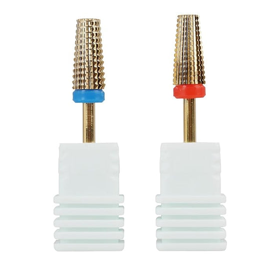 2 Pcs 3/32" 5 in 1 Professional Carbide Nail Drill Bits Sets with Case, 2 Pack Tungsten Safety Drill Bits Tech Cuticle Bit Fast Remove for Manicurist Nail Salon Manicure Pedicure Gel Polishing (Gold)