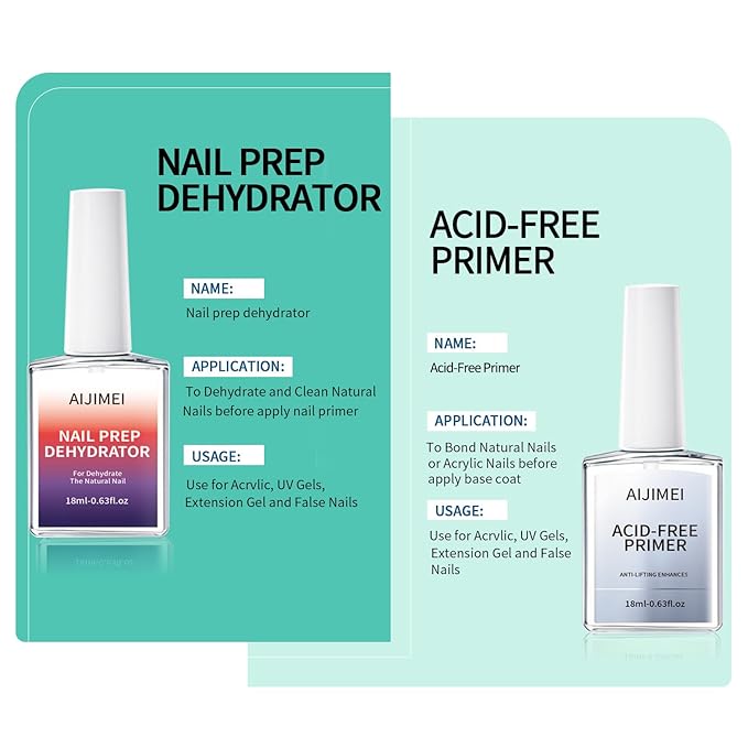 AIJIMEI Professional Natural Nail Prep Dehydrator and Acid Free Primer For Acrylic False Nail Tips Bond Base Coat Gel Nail Polish and Quick Drying Adhesive Dehydration Set（18ml/0.63fl.oz