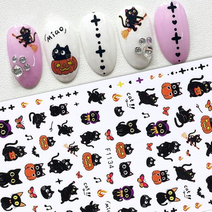 6Pcs Halloween Nail Stickers Cat Ghost Nail Decals DIY Self Adhesive Cute Cartoon Pumpkin Flower Butterfly Nail Design Supplies Halloween Nail Decoration for Women Girls Holiday Manicure Accessories