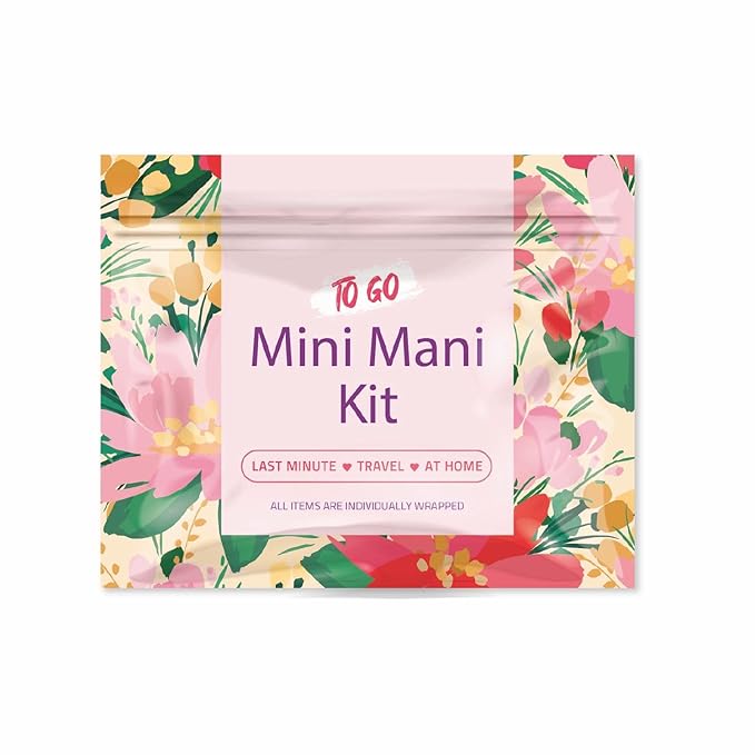 Mini Mani Kit – Disposable Manicure Set with Nail Clipper, File, Buffer, Cuticle Stick & Polish Remover Pad – Compact One-Time Use Nail Care Kit for Travel, Purse, Desk, or Car (Pink)