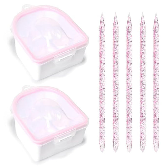 Nail Soaking Bowl Set 2PCS Nail Soak Off Bowl with 5PCS Acrylic Sticks Nail Cuticle Pusher Manicure Remover Tool Kit (7, Pink)