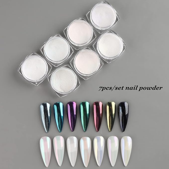 Pearl Chrome Nail Powder Set - 7 Colors Aurora Powder Mermaid Effect for Nails Iridescent Nail Glitter Shimmer White Rubbing Dust Nail Pigment Set Manicure Nail Art Decorations (B01-07)