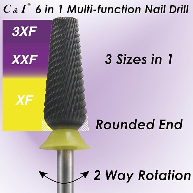 C & I Nail Drill Bit 6 in 1 Multi-function Rounded End E-file, Diamond Coat, CNC Overall Cut Nail Tools for Nail Techs Quick Remove Acrylic Nail Gels & Nail Art (Special Coat, Extra Fine -XF)