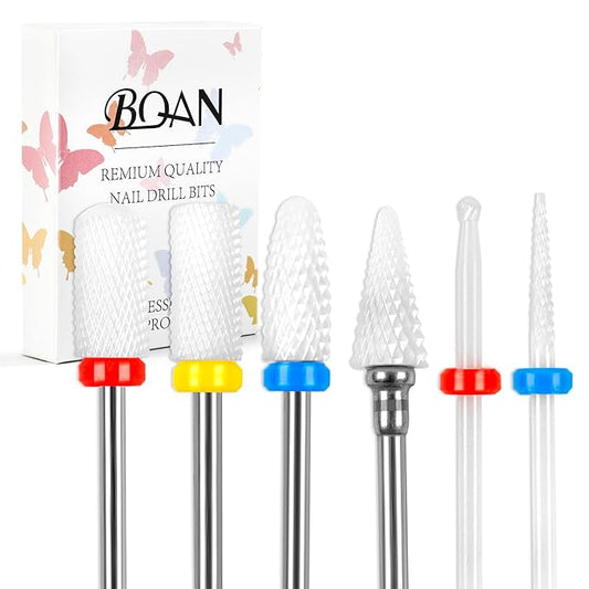 BQAN Nail Drill Bits Set, 6Pcs 3/32 In Drill Bit for Nail Tech Ceramic Bits for Remove Cuticle Acrylic Gel Polish Nail Manicure