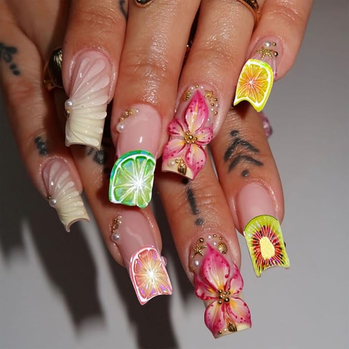 5D Embossed Fruit Nail Art Stickers, Lemon Kiwi Design, Colorful Summer Nail Decals, 2 Pieces