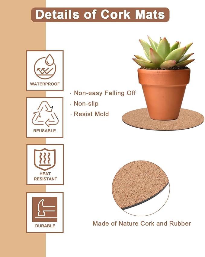 8 Inch Cork Plant Coasters, 3 Pack Round Plant Mats - Image 3