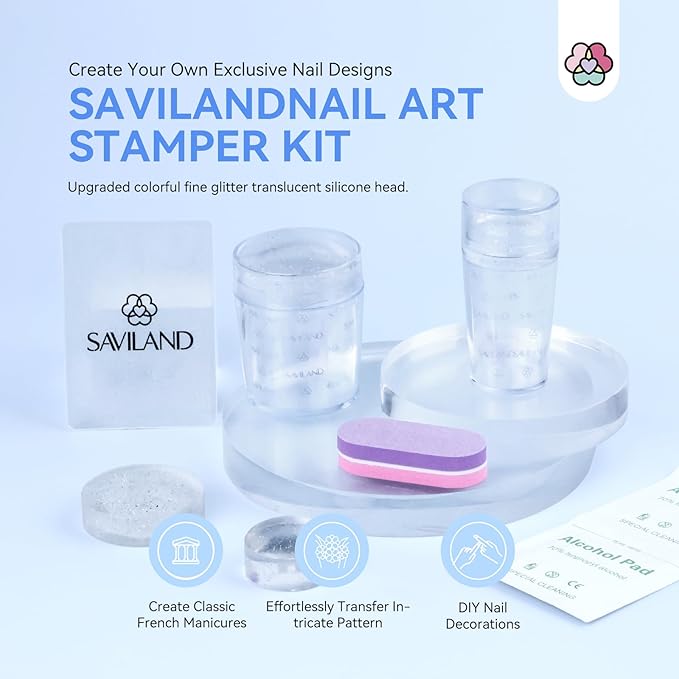 Saviland French Tip Nail Stamp: 7PCS Colorful Glitter Nail Stamp and Replaceable Silicone Stamper Head Nail Scrapers French Tip Nail Tool Kit for Beginner DIY Nail Art Design Home Salon