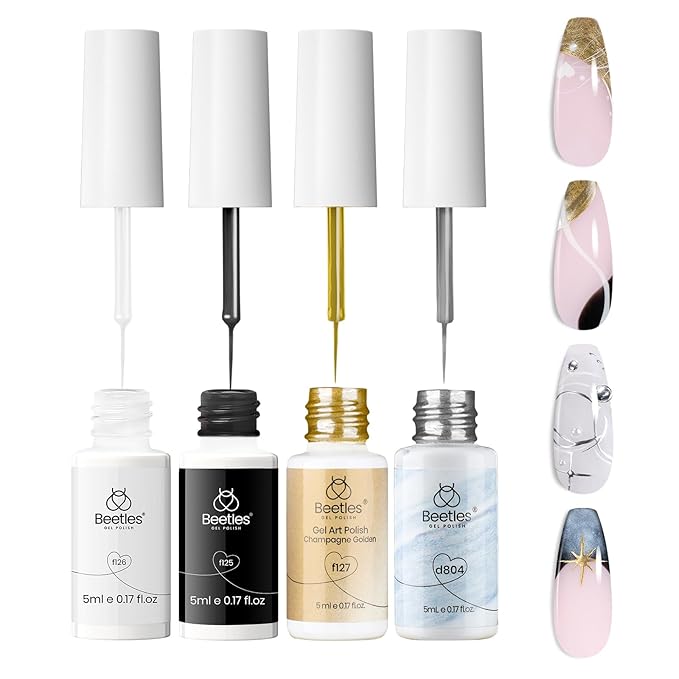 Beetles Gel Liner Nail Polish Set 10ml, 4 Pcs Nail Art Liner Gold Glitter Silver Black White Gel Polish Kit, 3D Mirror Gel Painted Glossy Swirl French Chrome Effect Nail Design Gift for Women