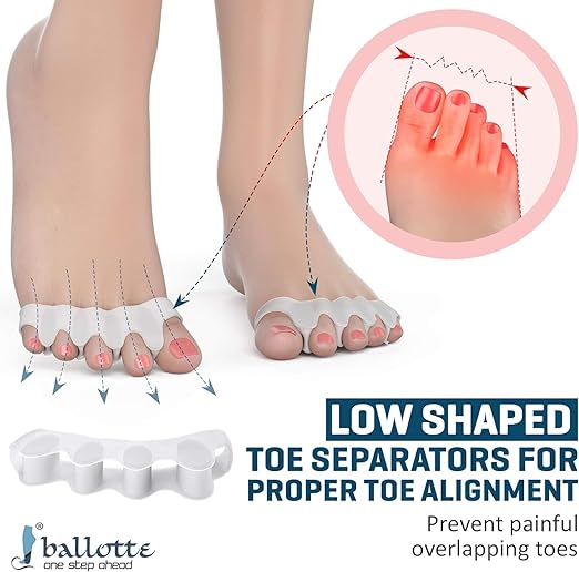 Ballotte Toe Separators, Silicone Toe Spacers for Bunions and Overlapping Hammer Toes, Athletic Tootsie Spacers for Running and Yoga, Foot Finger Splitters for Men & Women (6 Pack)