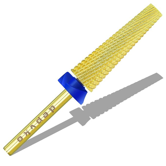 Depvko Super Long 5 in 1 Nail Drill Bits, 3/32'' Carbide Tungsten Bits, Two Way Rotate Professional Advanced Safety Bits for Nail, Fast Remove for Manicure Pedicure (Long 5in1-Gold, Medium-M)