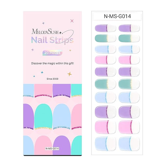 MelodySusie Semi Cured Gel Nail Strips, 20 PCS Gel Nail Stickers, UV Light Required, Durable & Salon Quality (Macaroon French Tips)