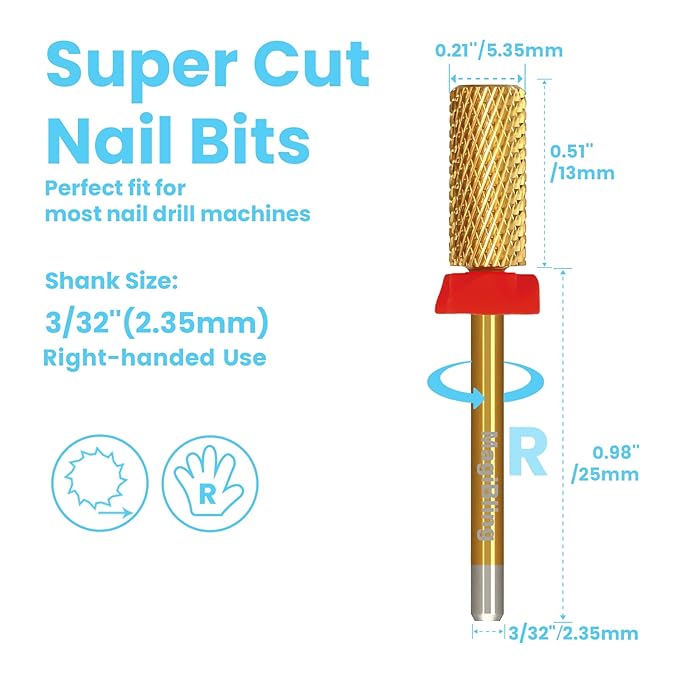 3/32'' Super Cut Nail Drill Bits for Fast Hard Gel Removal, MagiBling Tungsten Carbide Bits for Professional Users, Upward Deep Cut, Right Hand Use, Manicure Cuticle Gel Polishing, Fine.