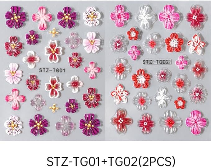 Flower Nail Art Stickers, 5D Embossed Hibiscus Flower Nail Decals Colorful Aurora Gradient Ice Transparent Flowers Design Self-Adhesive Summer Stickers DIY Engraved Manicure Foils Nail Art 2 Sheets