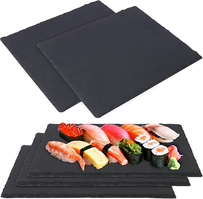 5 Pack 12 x 10 Inch Slate Cheese Boards, Black Rectangle Slate Charcuterie Boards, Natural Charcuterie Stone Plates for Parties, Gifts, and Special Events, Cheese, Sushi, Food.