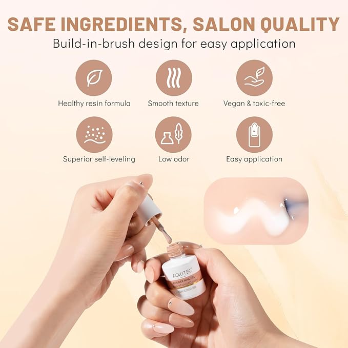 Aokitec 7-in-1 Builder Nail Gel Set, 6 Colors Pink Nude Milky White Hard Gel Builder Nail Strengthener Extension Nail Polish Rhinestone False Nail Tips Glue in a Bottle, Gifts for Women