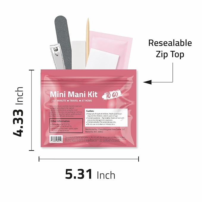 Mini Mani Kit – Disposable Manicure Set with Nail Clipper, File, Buffer, Cuticle Stick & Polish Remover Pad – Compact One-Time Use Nail Care Kit for Travel, Purse, Desk, or Car (Peach)