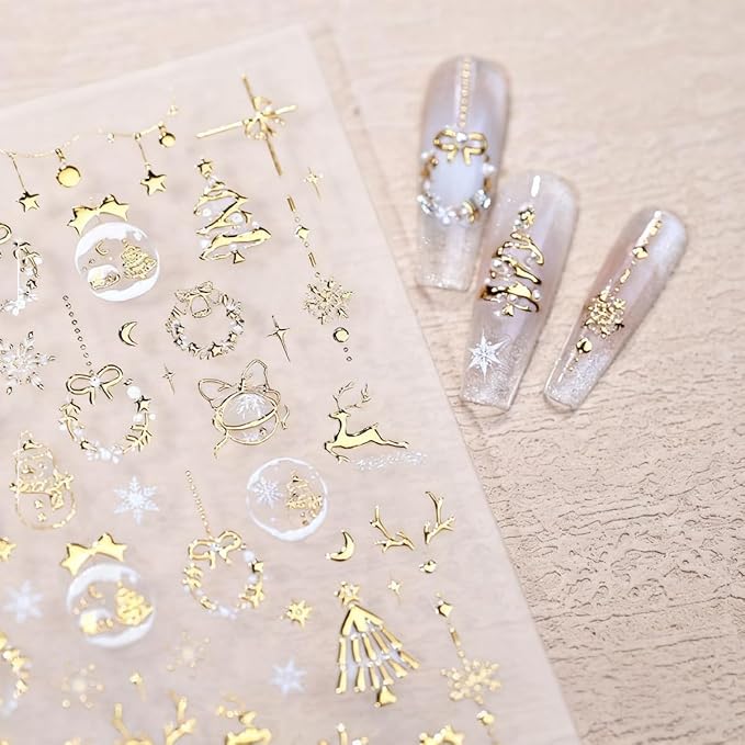 Christmas Nail Sticker 5D Embossed Gold Xmas Tree Reindeer Snowman Nail Art Sticker Self Adhesive Nail Decals Snowflake Nail Art for Women Girls Manicure Supplies Nails Art Decorations