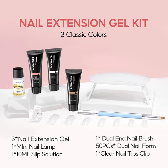 PEACECOLOR Poly Nail Gel Kit with U V Light, 3 Colors Clear Pink Nude 16ML Poly Extension Gel Nail Kit with Slip Solution for Beginners Manicure Tools DIY Home Salon Art Design