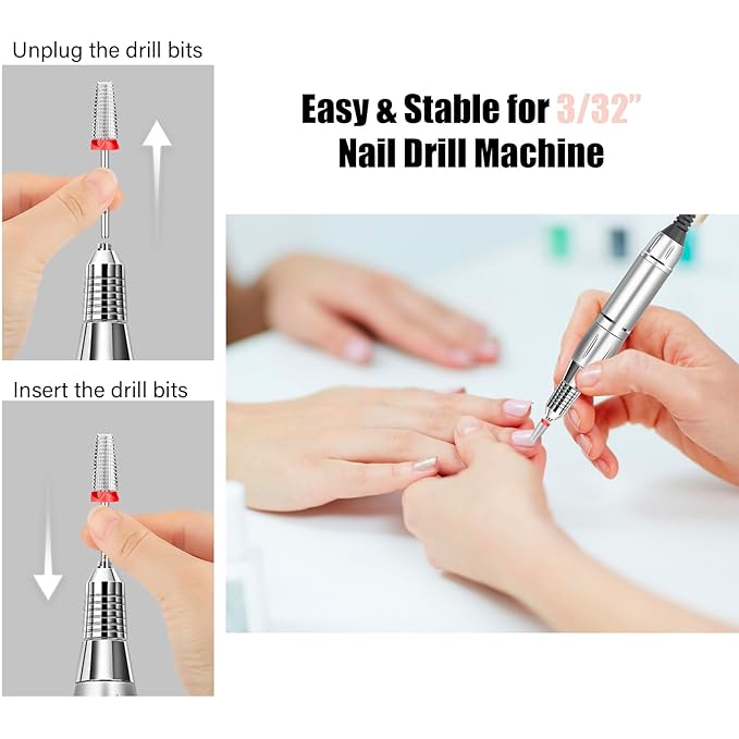 Depvko Super Long 5 in 1 Nail Drill Bits, 3/32'' Carbide Tungsten Bits, Two Way Rotate Professional Advanced Safety Bits for Nail, Fast Remove for Manicure Pedicure (Classic 5in1-Silver, Fine-F)