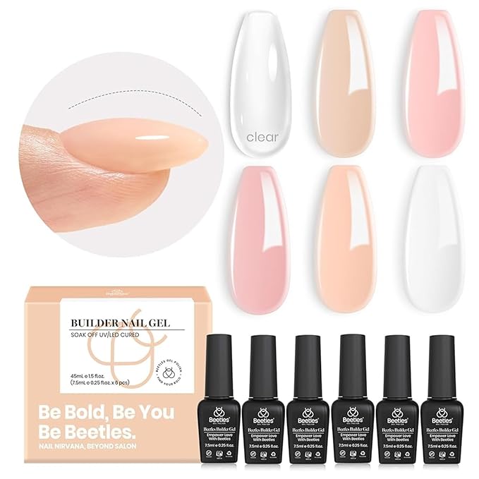 Beetles Builder Gel Set,Soft Nude Whisper 6 Colors 8 in 1 Strengthening Apex Building Nail Extension for Beginners DIY Salon at Home,Nude Builder Nail Gel,UV & LED Lamp Needed