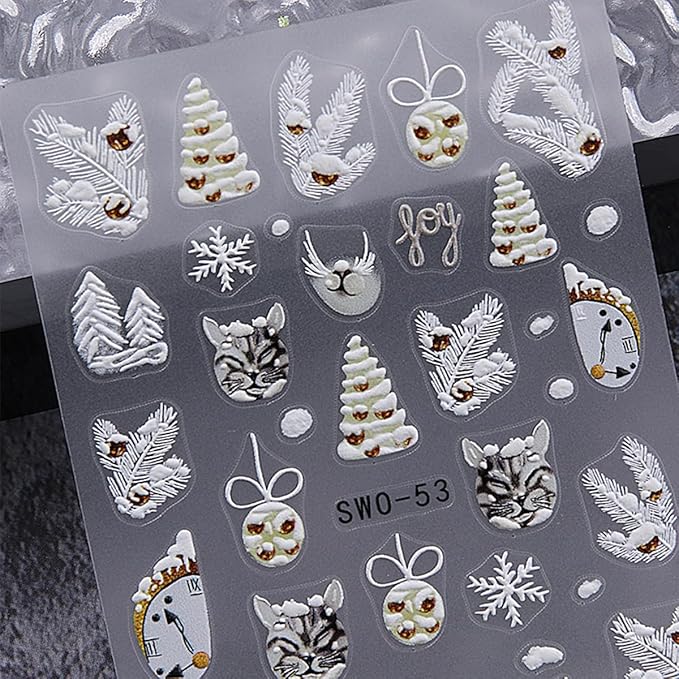 5D Embossed Christmas Nail Stickers for Nail Art - Snowflake Nail Art Stickers Xmas Tree Light Ball Gift Nail Decals Elk Deer Nail Supplies for Women DIY Christmas Decorations 4 Sheets