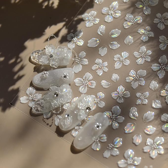 Flower Nail Art Stickers Decals White Flower Nail Stickers 1PCS Exquisite Shiny Shell Light Crystal Flowers Nail Decals Jelly Flowers Stickers for Nails Spring Summer DIY Manicure Nail Art Decorations