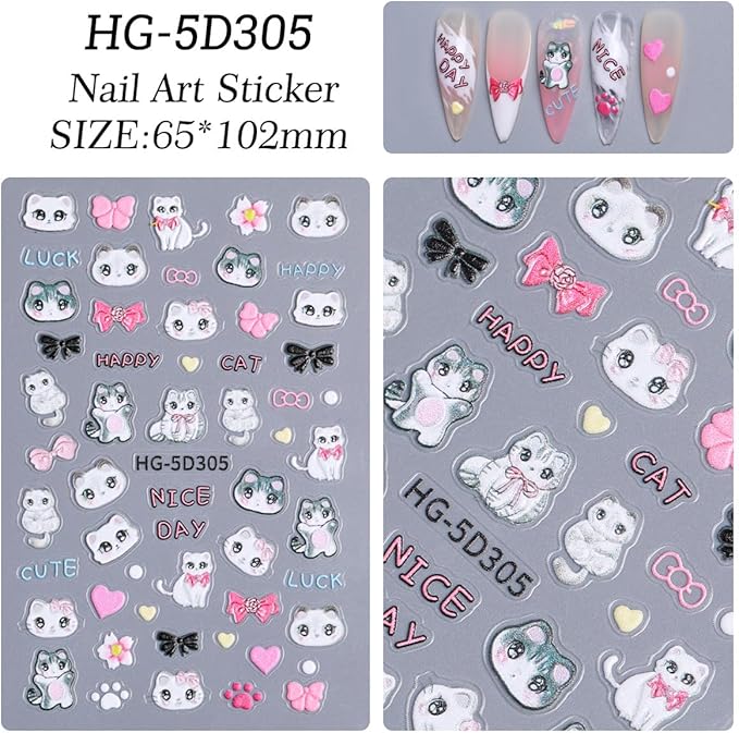 Cute Style Japanese Inspired Embossed Cute Dogs Adorable Cats Tanuki DIY Nail Stickers - Everyday Nail Art Decorations A Set of 4 Sheets